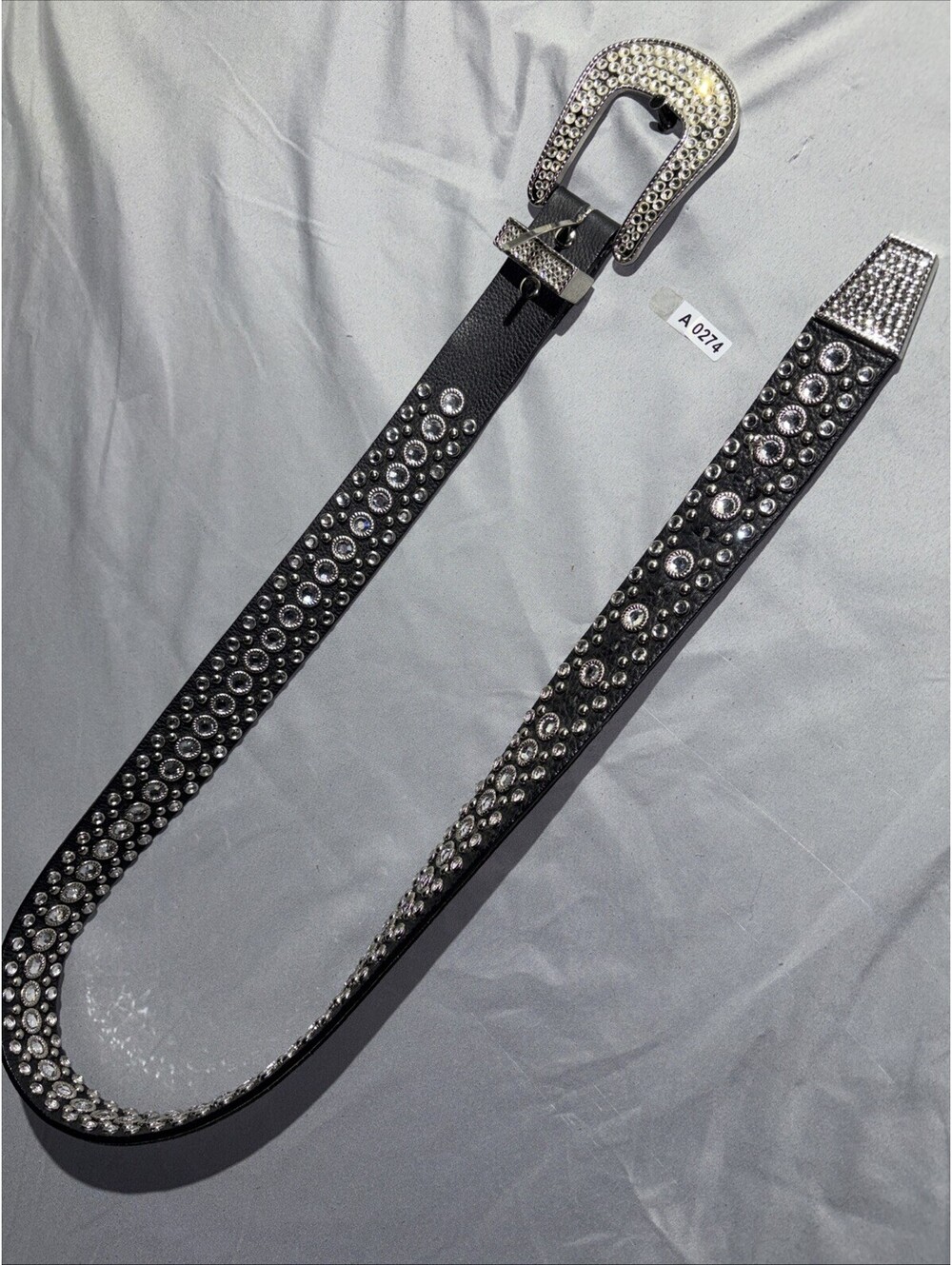VTG! Rhinestone Belt BLING Studded Cowgirl Western Black Leather L 35-39 in